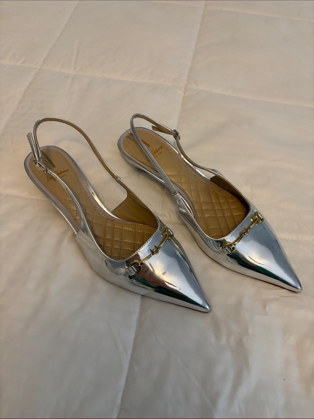 Sam Edelman Silver Pointed Slingback Kitten Heels with Gold Hardware